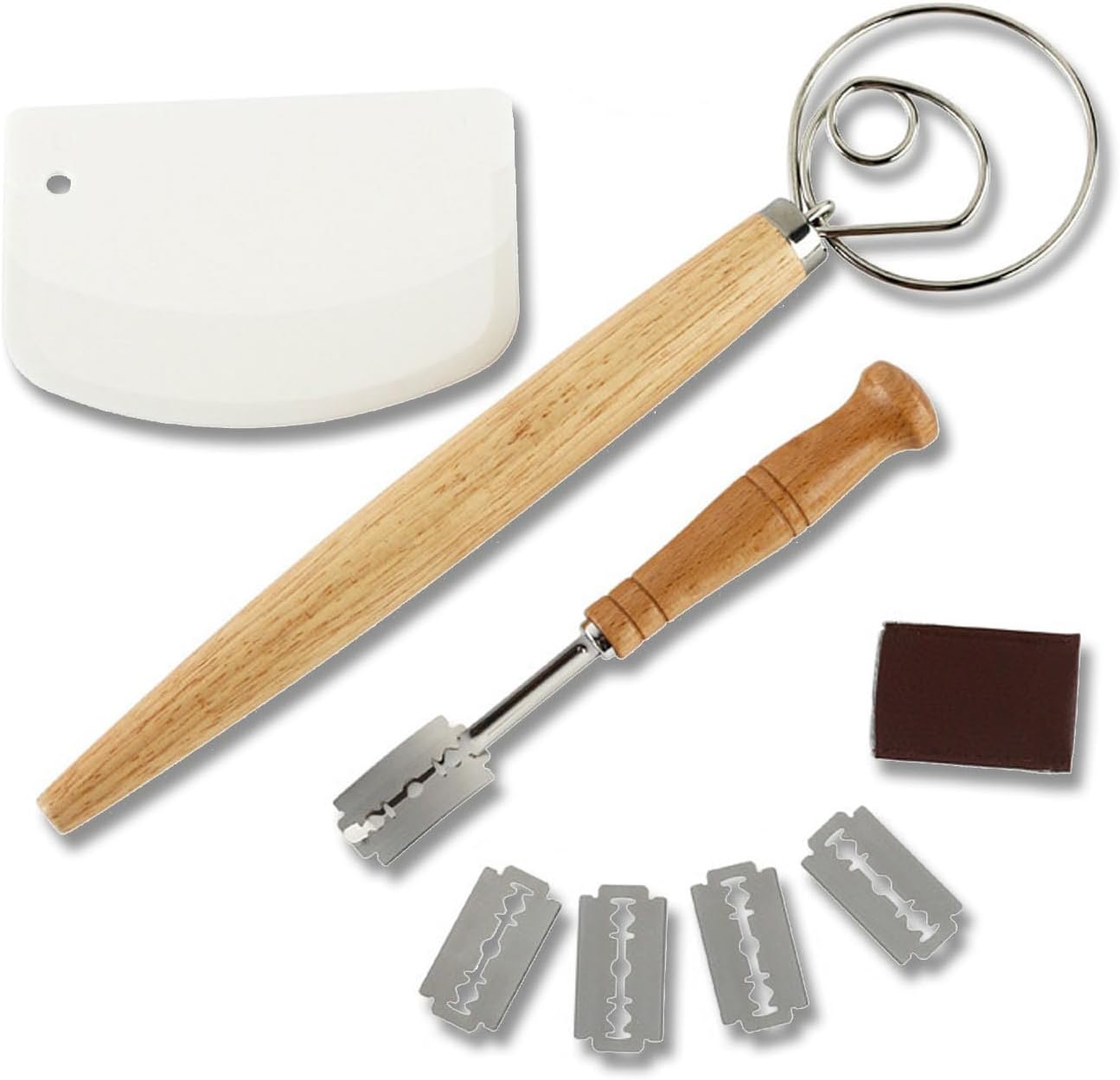 1Set Danish Dough Whisk with Dough Scraper Bread Lame with Blades and Leather Cover Bread Whisk Bread Mixer Stainless Steel Bread Dough Whisk Hand Mixer for Sourdough, Pizza, Pastry, Cake