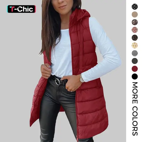 TANKANEO Women's Mid-Length Sleeveless Hooded Winter Polyester Puffer Vest, Solid Color, Pocketed Vest, Lightweight Casual Women's Tops Clothing