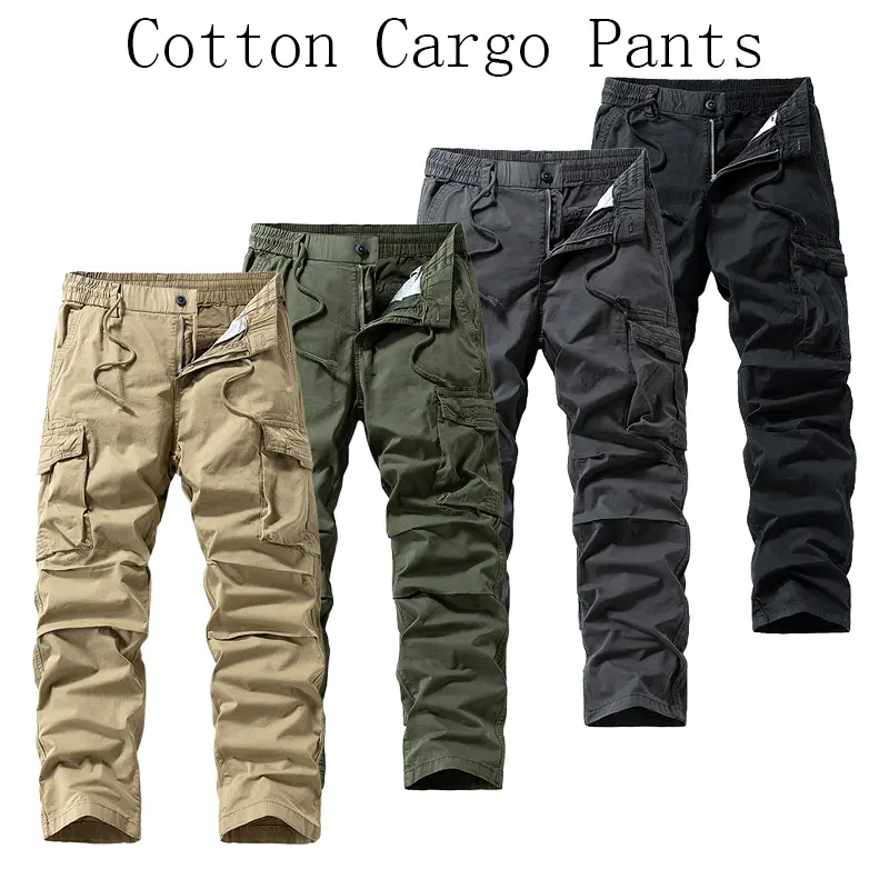 American-style heavyweight cargo pants, functional straight-leg outdoor sports mountain-style casual pants—versatile long pants suitable for outdoor leisure. Fabric composition: 97% cotton, 3% polyurethane elastic fiber (elastane).