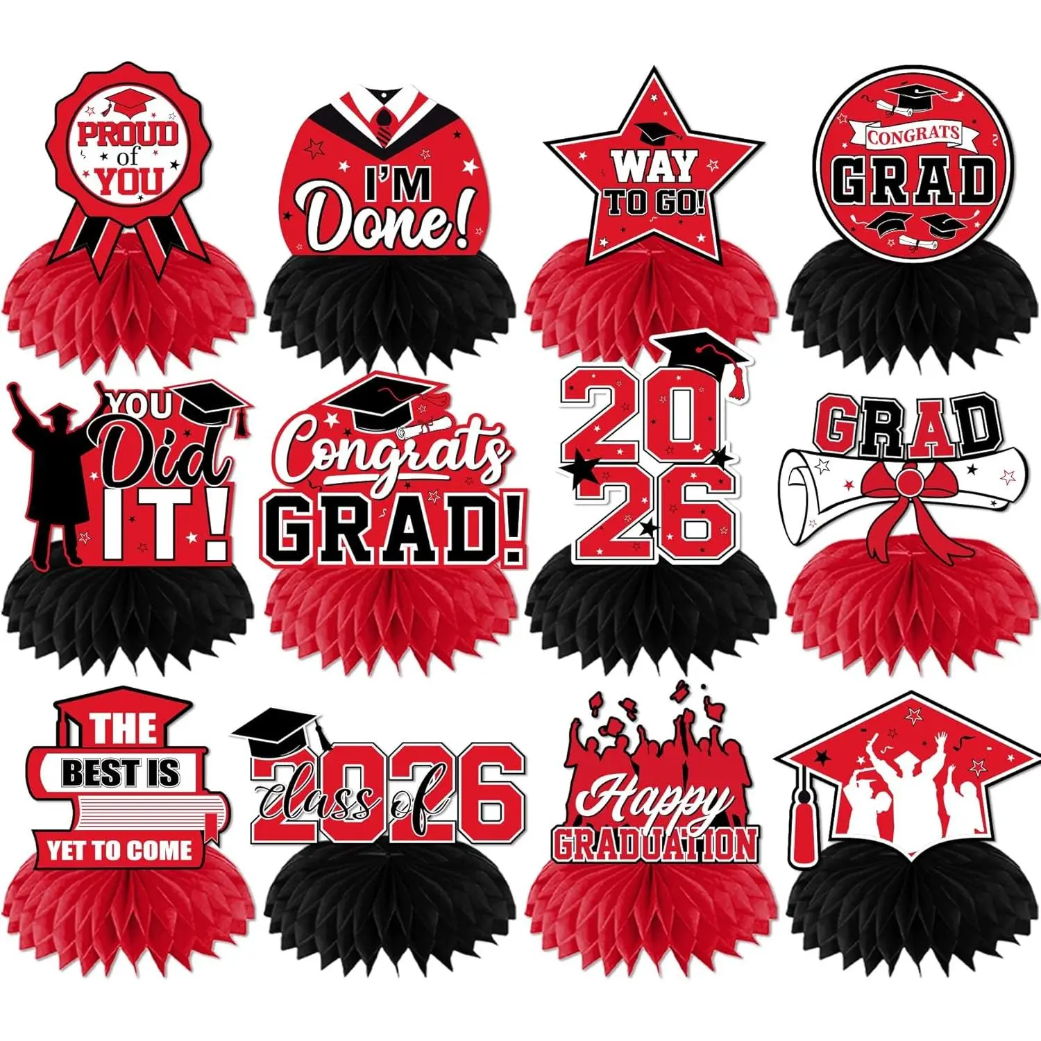 12 count Red and Black Graduation Decorations 2026 Honeycomb Centerpieces, Class of 2026 Graduation Centerpieces for Tables Red Congrats Grad Graduation Table Decorations, Red Graduations Table Toppers