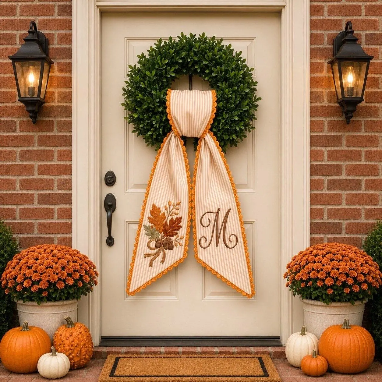 Personalized Halloween Wreath Sash, Embroidered Pumpkin Monogram Ribbon, Fall Front Door Decor, Orange Gingham Sash with Ric Rac Trim
