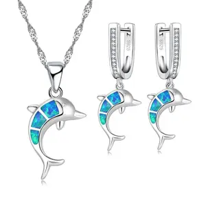 Blue Dolphin Animal Opal Necklace Earring For Women Christmas Gift Charms Jewelry Set Accessories Custom Jewelry