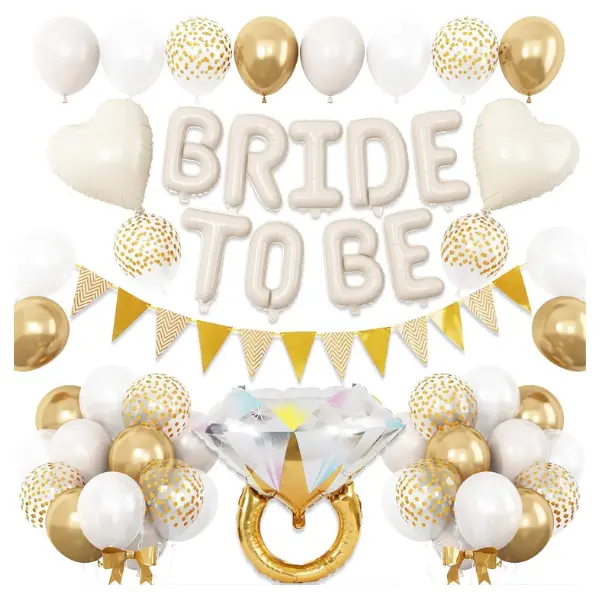 Bride to Be Balloon Set – White & Nude Bachelorette Party Decorations with Diamond Ring, Gold & Cream Heart Balloons for Bridal Shower, Engagement & Wedding