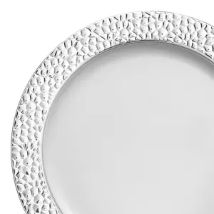 White with Silver Hammered Rim Round Plastic Dinner Plates (10.25")