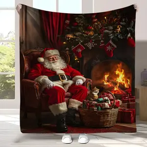 Vintage Christmas Santa by the Fireplace Design Flannel Blanket, Soft All-Season Multipurpose Knitted Blanket- Machine Washable, Digital Print,