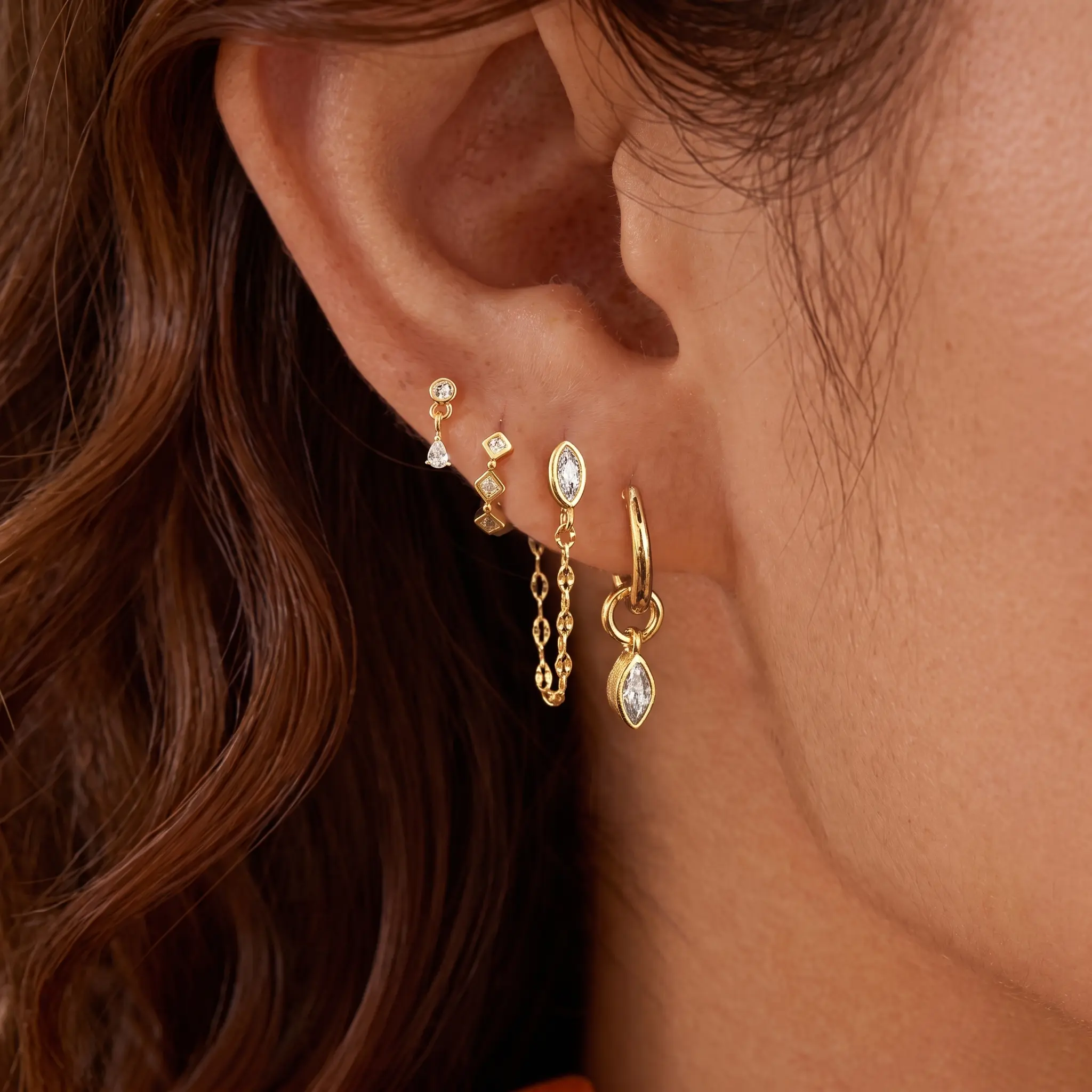 4 Pairs 14K Gold Huggie Drop Hoop Earrings for Women, Hypoallergenic Dainty Chain Stack Earrings, Trendy Unique Jewelry Set