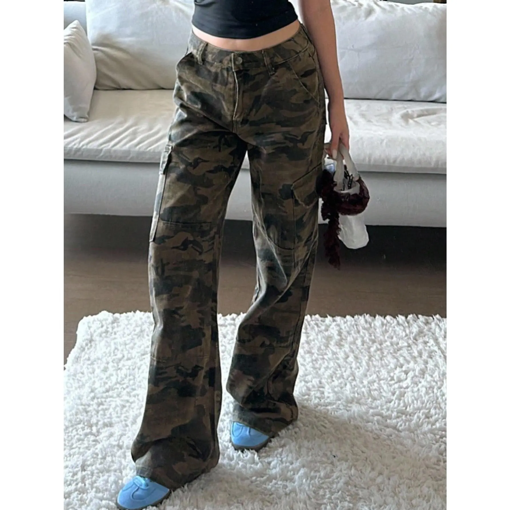 American Vintage Camouflage Cargo Pants, Loose Straight Leg Multi-Pocket Washed Distressed Casual Trousers For Women Jeans