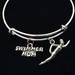 Swimmer Mom on a Silver Expandable Bangle Bracelet Sports Team Coach Gift Adjustable Wire Charm Bangle
