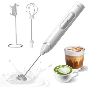 Handheld Electric Milk Frother: Rechargeable Frother Wand with Stand, 3 Speeds & Detachable Double Whisk Drink Mixer, Froth Stirrer for Latte, Cappuccino, Cream, Matcha, Dalgona Coffee - White