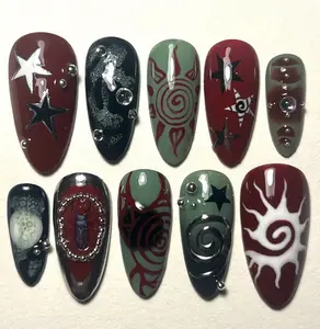 Grunge Sun Press On Nails, Summer Red & Green Abstract Nail Art, Y2K Fake Nails, Spiral Flame Star Nails, Red Green Summer Nails, Sun Nails