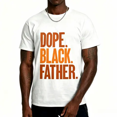 Men's Loose-Fit Black Round Neck Shortsleeve Cotton Sports Top - Distressed Letter Print, Retro Gradient Text, Grunge Graphic, Casual Streetwear Tshirt for African American Dad Pride, Father's Day Gift