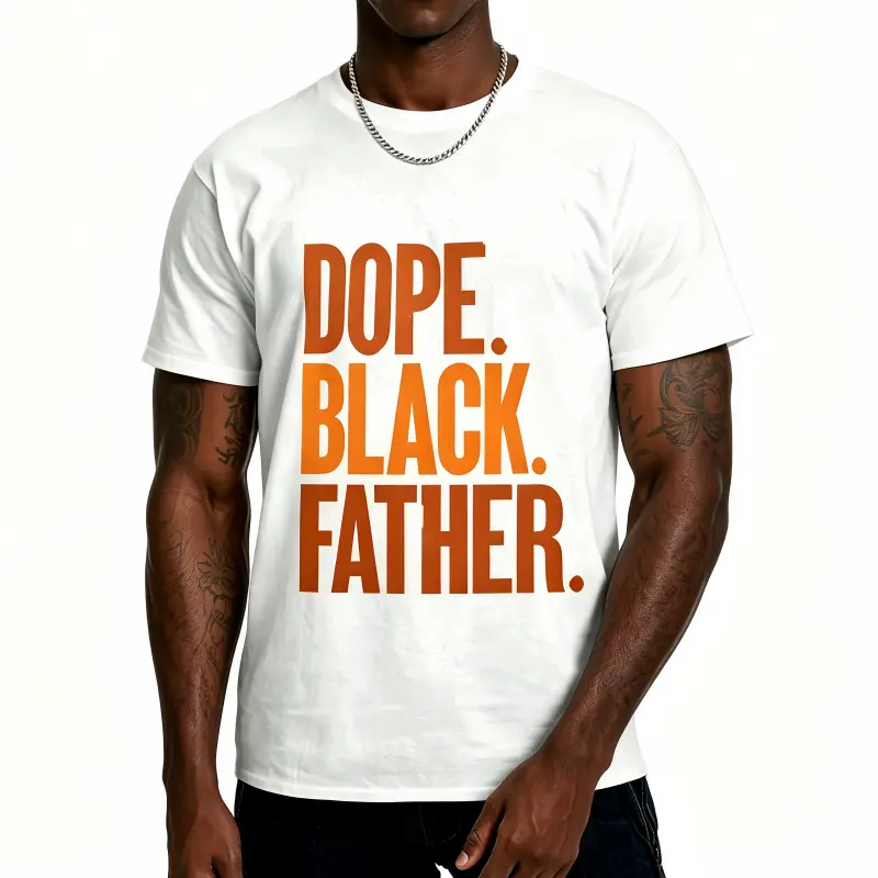 Men's Loose-Fit Black Round Neck Shortsleeve Cotton Sports Top - Distressed Letter Print, Retro Gradient Text, Grunge Graphic, Casual Streetwear Tshirt for African American Dad Pride, Father's Day Gift
