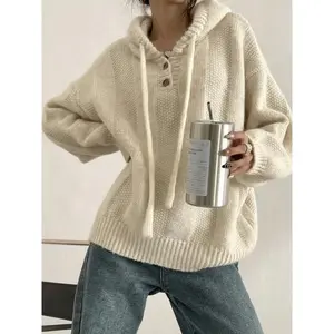 Women's Casual Long Sleeve Pullover Sweater Fall/Winter Fashion Knit Hoodie with Drawstring Solid Color 100% Polyester Comfortable Stretch Fabric Regular Sleeve Oversized Style Knitwear Cardigans - Tops - Womenswear - Belt