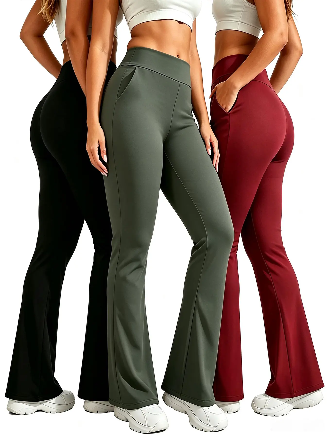 Women's High Waist Flared Leggings with Side Pockets, Buttery Soft Yoga Pants Black Gray Red for Fitness Gym Hiking Lounge Everyday Activewear