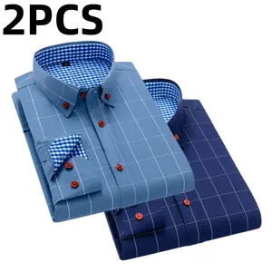 Two men’s long-sleeve shirts with a plaid color-block design, styled for business casual wear. Featuring a notched lapel collar that is sharp and well-structured, red buttons add a refined touch, and the blue-and-white plaid interior creates visual depth.