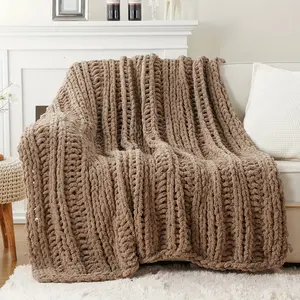 Handmade Chunky Cable Crochet Chenille Throw Blanket - Caramel Rust Fall Orange, 50"x60" Thick Textured Bedding for Couch, Bed