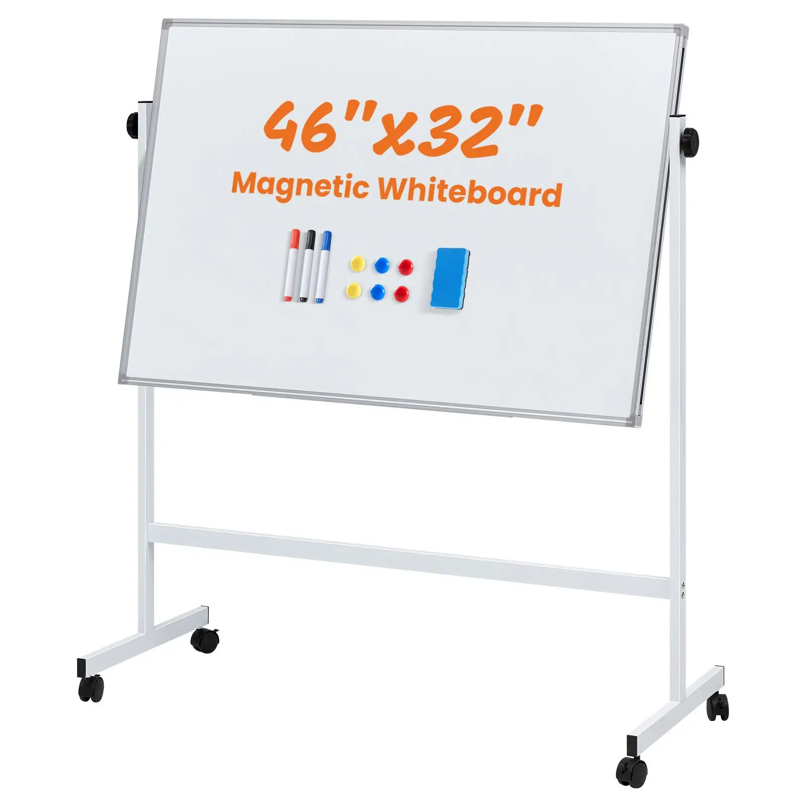Double-Sided Magnetic Rolling Whiteboard Easel with Aluminum Frame, Dry Erase Board on Wheels with Stand, Includes Dry Erase Markers for Office & Home Use