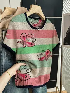 Cute Cartoon Butterfly Print Round Neck Fitted Sweater, Casual Short Sleeve Knitwear for Spring Summer Fall, Comfortable Warm Women's Clothing