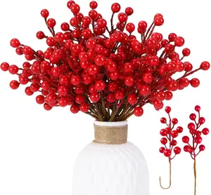 32 Pack Artificial Red Berry Stems, Christmas Red Berries Picks Holly Berry Branches for Christmas Tree Ornaments Xmas Wreath DIY Crafts Winter Holiday Home Decoration