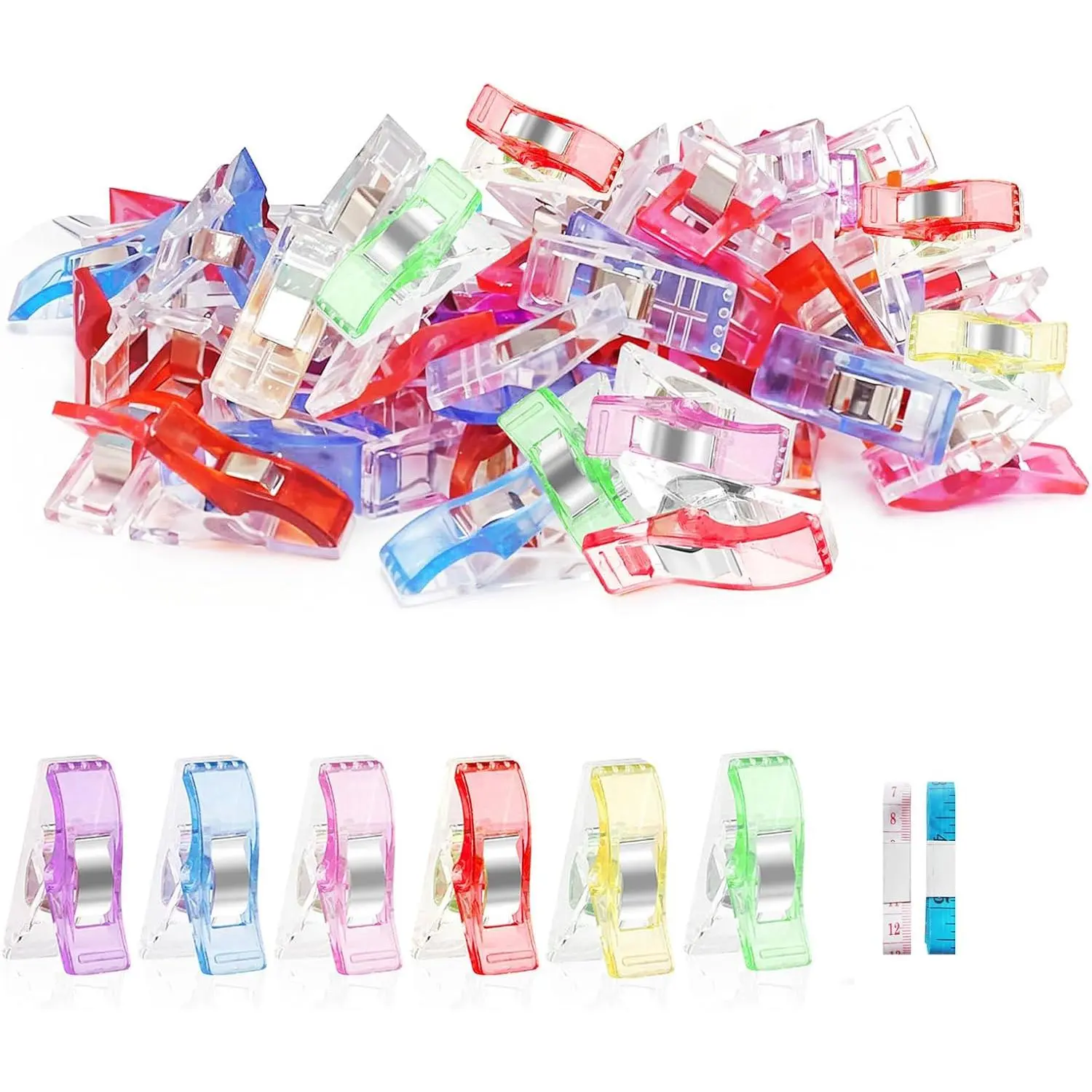 Premium Plastic Clips, Multipurpose Sewing Clips Premium Quilting Clips Assorted Colors Fabric Clips for Sewing Supplies Quilting, Sewing Quilting Supplies, 50 count Clips, Add Two Rulers
