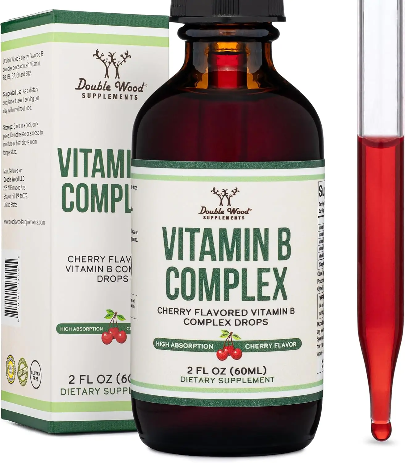 Double Wood Liquid Rich with Vitamin B Complex Supplements , Energy Support -Max Absorption of B3, B6, B7 (Biotin), B9, and Vitamin B12, Cherry Flavor - 2 FL OZ