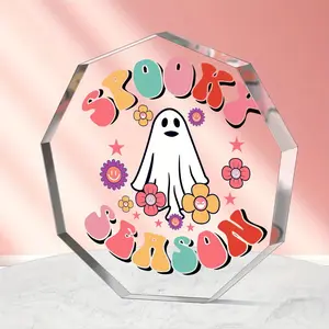 Pink Halloween Decor Spooky Season Ghost Acrylic Party Exhibition Supplies Room Desk Signs Plaques Decorations Supplies Art Craft Ornament(With Protective Film)