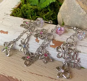 Nature Charm Flower & Butterfly Gem Belly Ring Navel Naval Body Jewelry