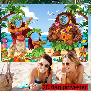 2D Flat 1PC Polyester Hawaiian Luau Theme Cutout Banner, Backdrop Decoration, Cartoon Hula Dancer, Ukulele & Tiki Totem Beach Scene Design, Summer Vibe, Vacation Style, Tropical Party, Beach Themed Event, Luau Themed Party