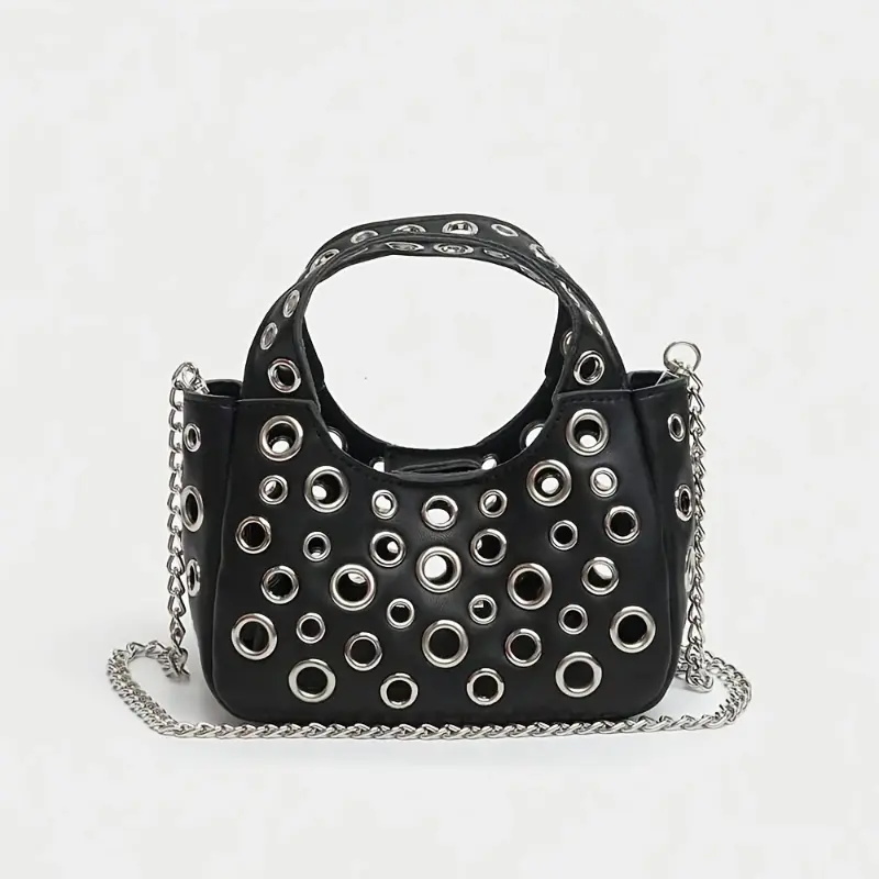 Women's Stylish Black Polka Dot Rivet-Embellished Crossbody Messenger Bag - Punk Steampunk-Inspired, Lightweight Synthetic Leather Bag with Secure Clasp Closure