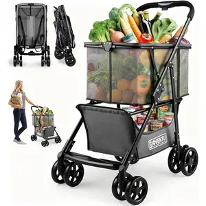 2026 Upgraded Folding Shopping Cart with Wheels, 80lbs Multi Use Grocery Carts with 360? Wheels & Removable Tote Bag, Multifunctional Portable Personal Shopping Carts for Groceries, Black