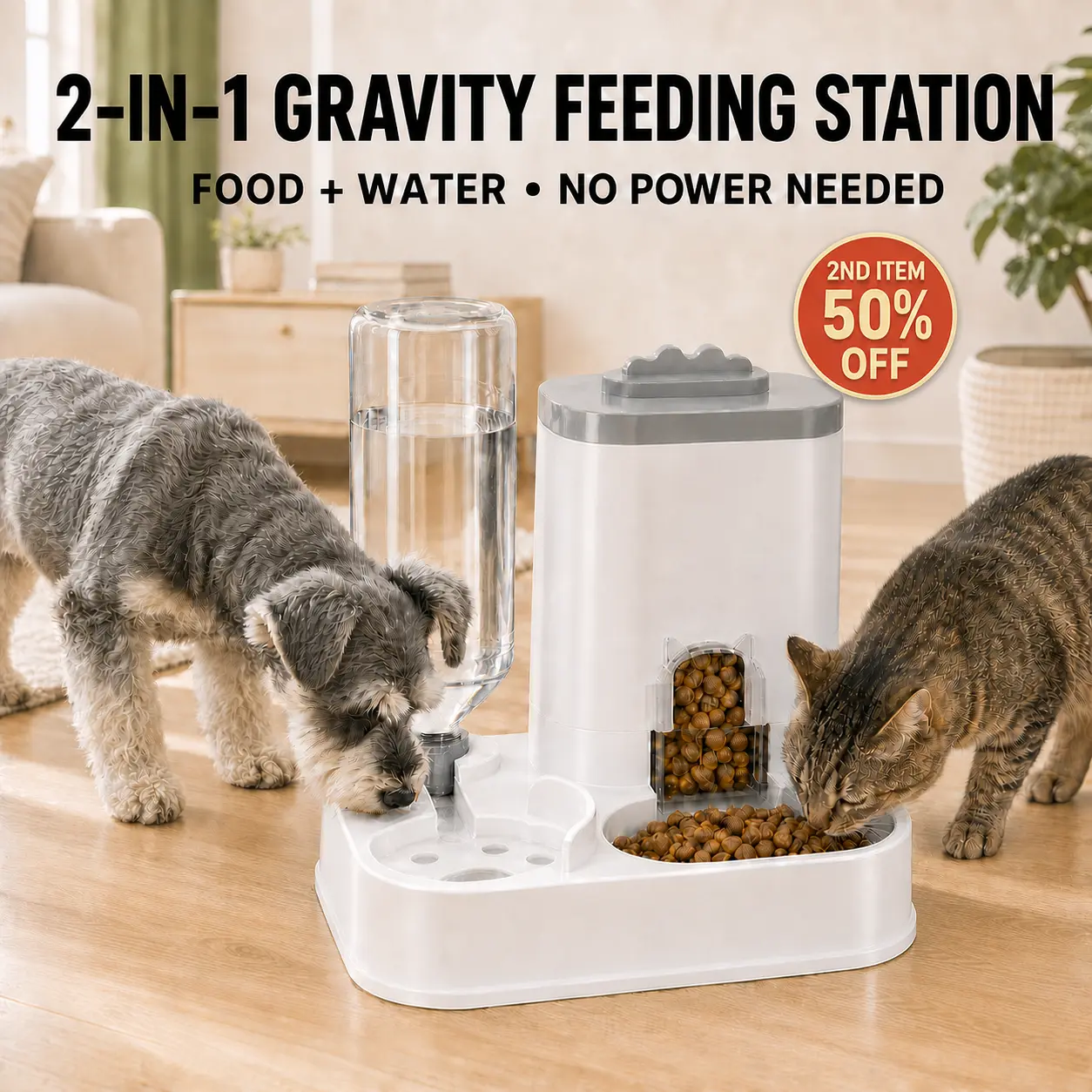 [Second item half price] PAWSURD 2-in-1 Automatic Gravity Pet Feeder & fresh Water Dispenser, Adjustable Food Flow, No Power Needed, Ideal for Home & Short Trips, Cats & Small Dogs