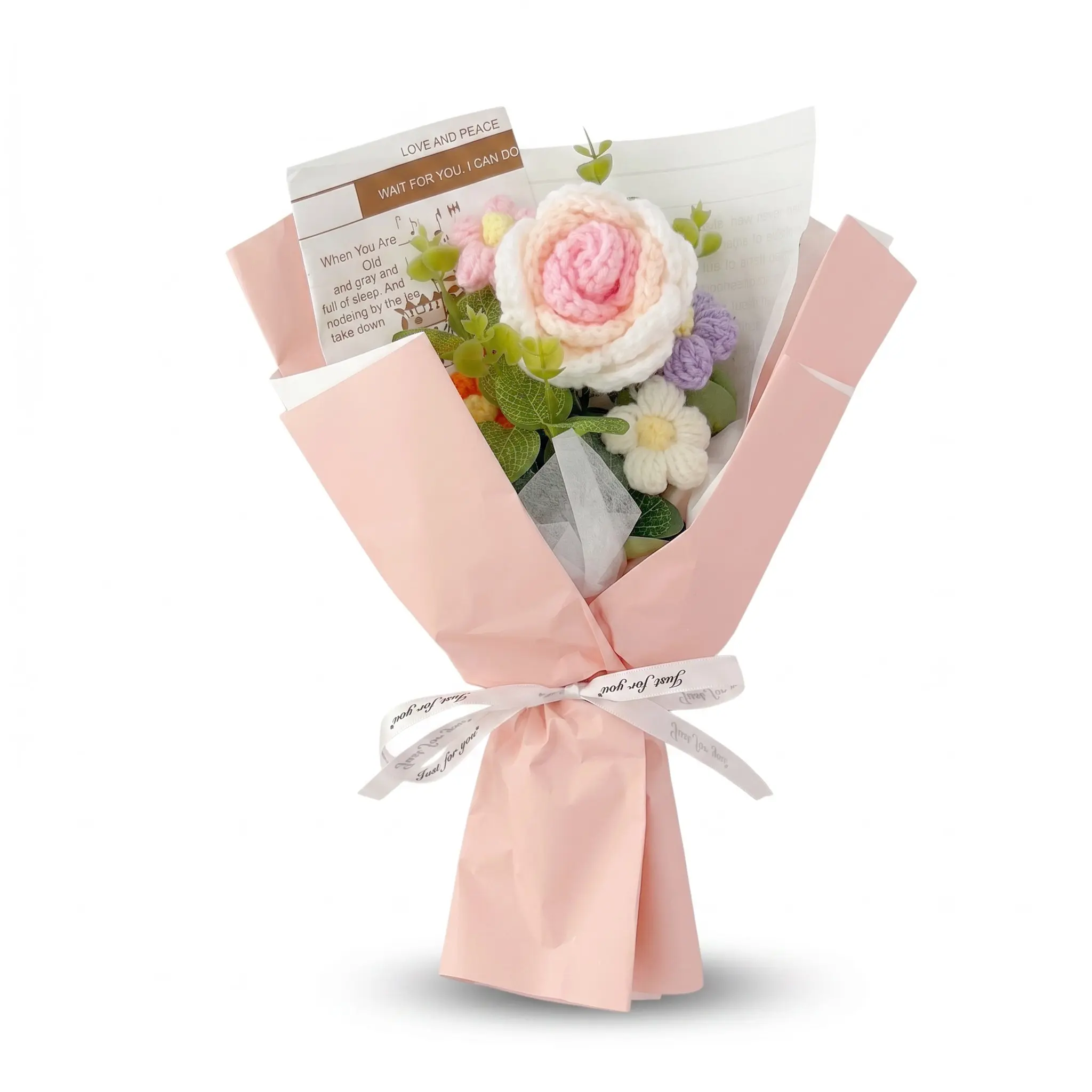 Crochet Flowers Bouquet with Light Kit, Decorative Faux Floral Arrangements, Meaningful Gift for Valentine’s Day or Mother’s Day