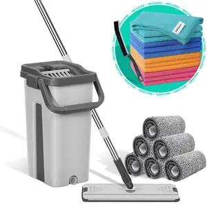 POGALA - Mop Bucket Set with 12 Microfiber Towels and a Cleaning Brush, Mops for Floor Cleaning, Tools, Mob, mop and Bucket with Wringer Set for Home with 6 Washable Microfiber Pads