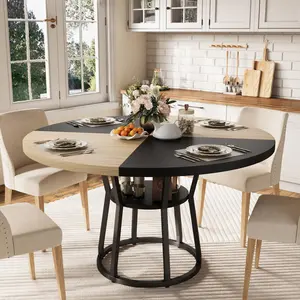 Garvee 47.2'' Round Dining Table for 4, Farmhouse Kitchen Table with Storage Shelf & Cross Base, Small Space-Saving Table for Kitchen, Dining Nook, Apartment, Black & Natural