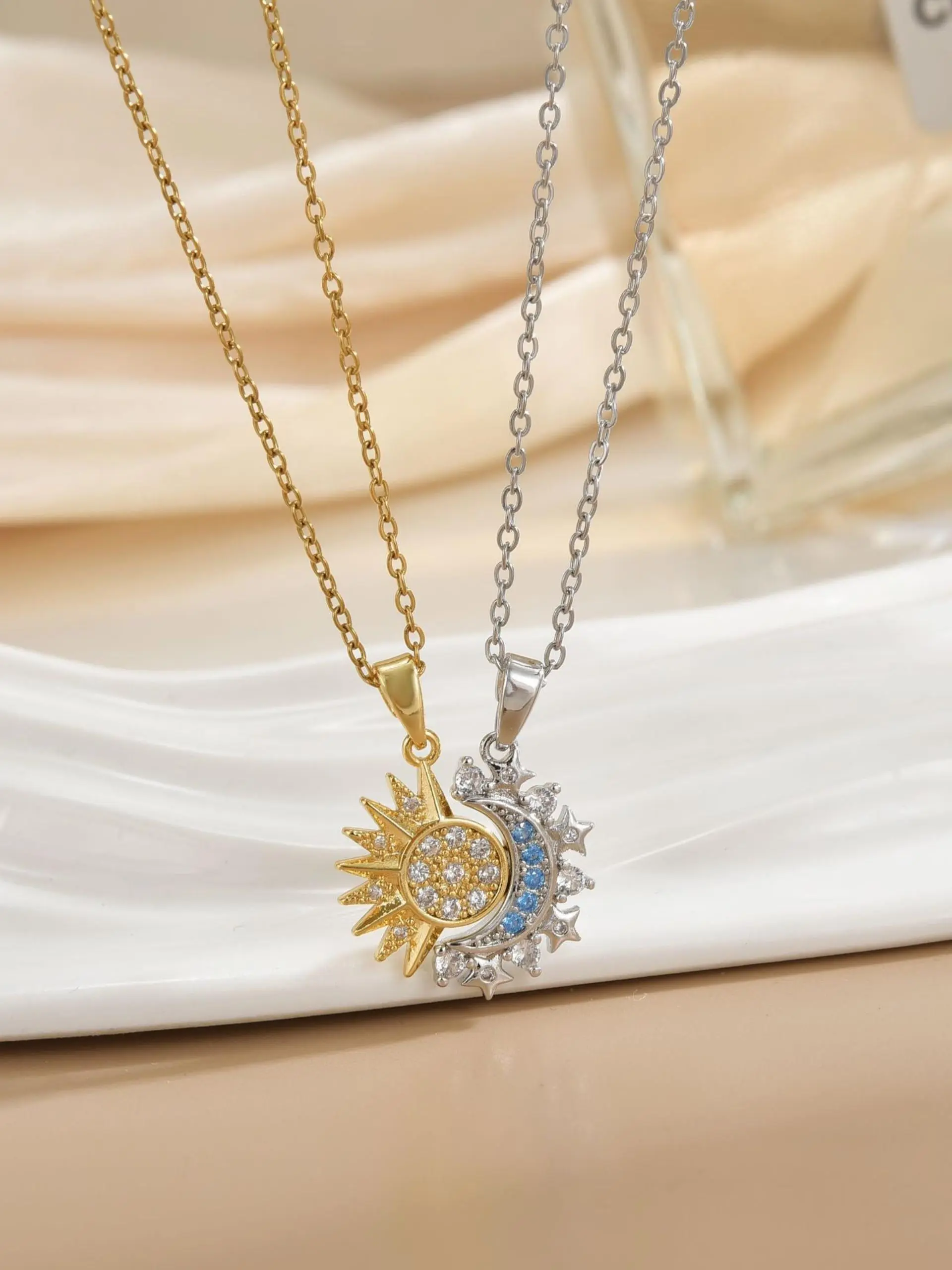 2 Pcs Stainless Steel Necklace Set, Boy Sun Girl Moon Design, Magnetic Clasp, Elegant Gift for Valentine & Christmas, Chain Link Necklace