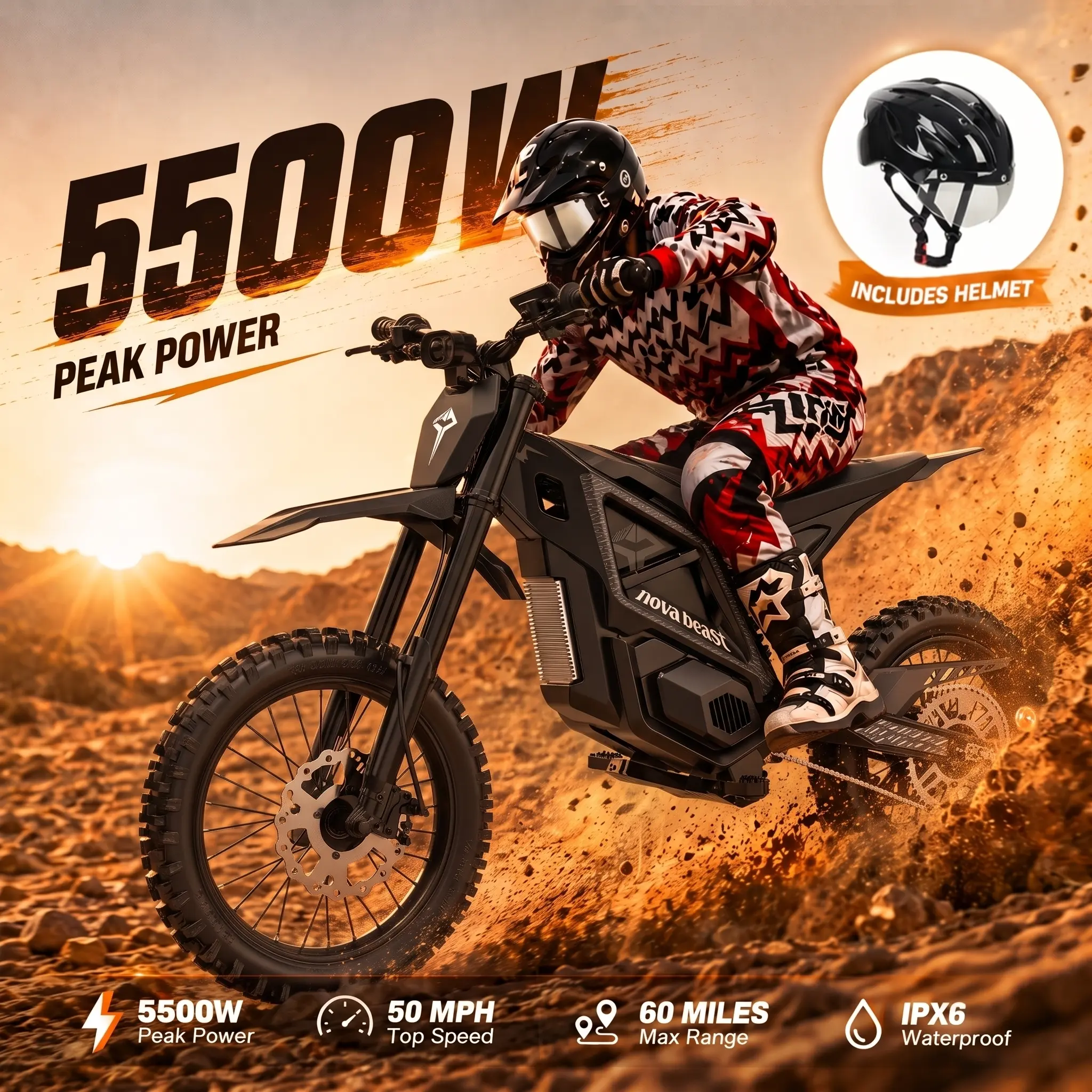 ESKUTE NOVA Beast Electric Bike with Helmet, 5500W Peak Mid-Drive Motor, 60V 27Ah Battery, Up to 60- mile Range, Hydraulic Brakes all-terrain e bikes for adults, Mountain Biking, 60V 27Ah Batt., 60V 27Ah Bat., Adult Fit