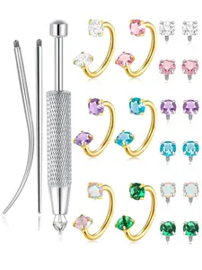 21 Pcs Nose Piercing Jewelry Set Nose Ring Jewelry Septum Jewelry Y2K Aesthetic And Punk Style 18G Hypoallergenic Stainless Steel AAAAA+ CZ Replaceable Stones With Piercing Tool Kit For Men Women Daily Wear Party Gift