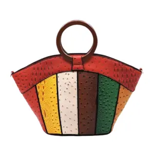 CROC Pattern Multicolored Patchwork Satchel Vegan Leather Zip Closure Wooden Top Handle Detachable Strap-FINAL SALE