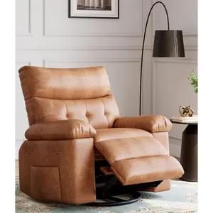 360° Swivel Rocking Recliner Chair, Oversized PU Leather Reclining Nursery Rockers with Heat & Massage, Rocker Recliner Chair with Pull Handle, Silla Mecedora