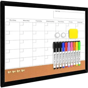 Monthly Calendar Dry Erase Board for Wall 17"x13" Whiteboard with Black Wood Framed Magnetic 2 in 1 Planner Cork Board for Kitchen Dorm Bedroom