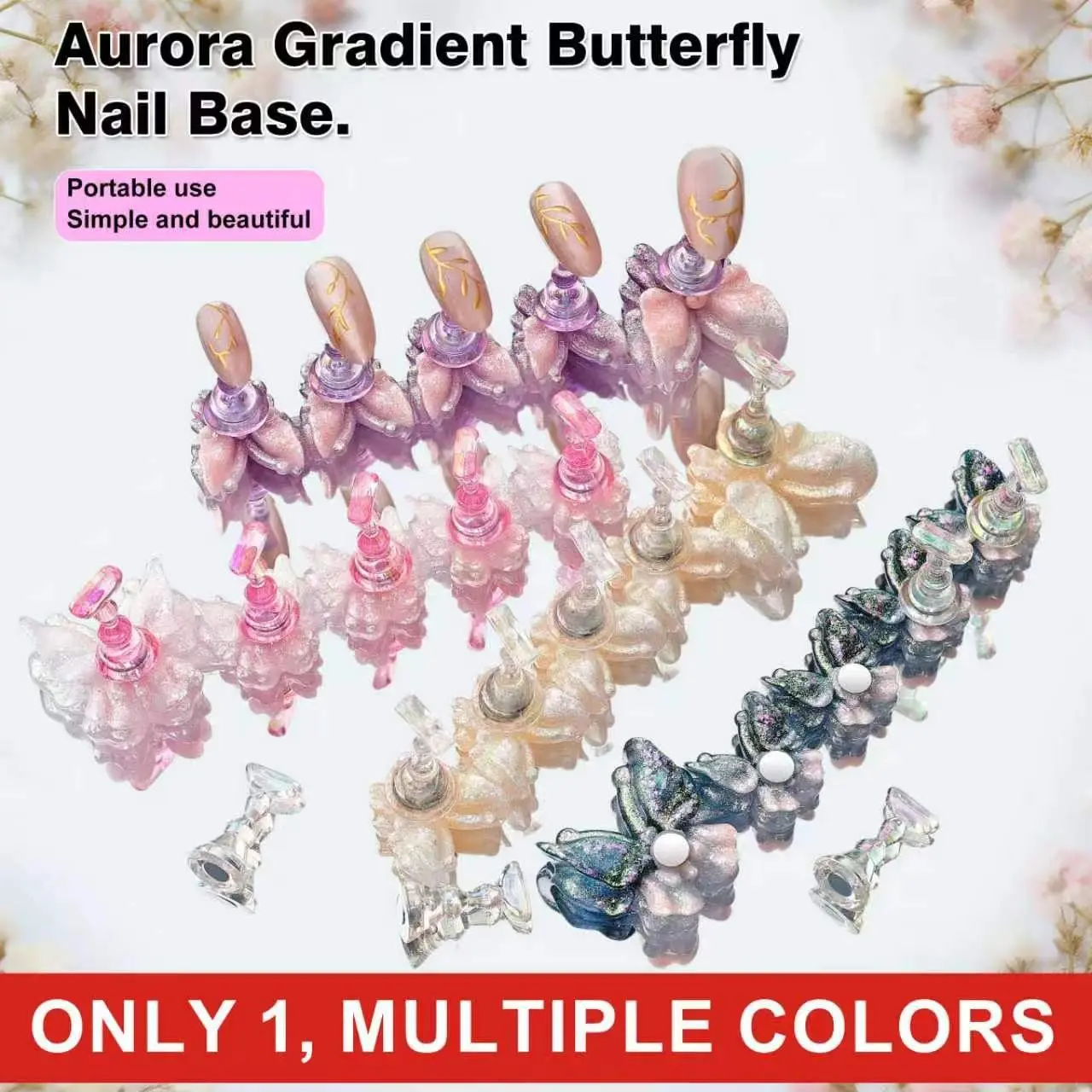 New nail art display stand with aurora gradient butterfly design, colorful nail tip display stand, practice manicure nail stand, sparkling gradient butterfly nail stand, suitable for beginners and nail salons