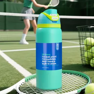 OW-youth green outing double drink ice cow cup, 32oz /945ml double vacuum outdoor sports kettle, stainless steel thermal insulation ice water cup with straw, 100% leakproof outdoor bicycle water cup, Suitable for outdoor sports, climbing, gym and travel