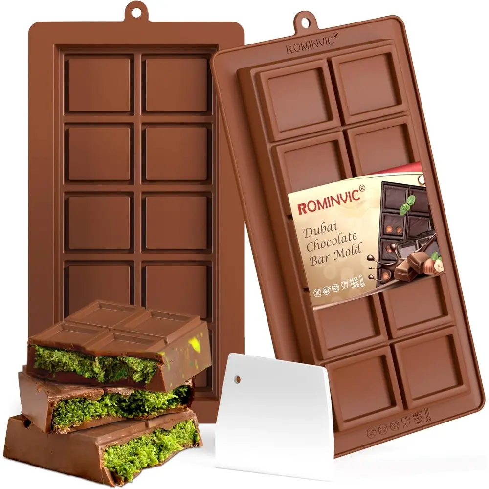 2 Pack Dubai Chocolate Molds, 0.79 In Deep, Large & Thick Silicone Chocolate Bar Molds With Scraper, For Stuffed Bar, Big Chocolate Candy Bar Mold For Filling Knafeh Pistachio Kit