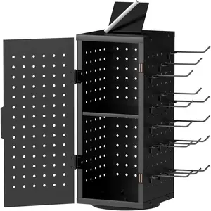 Rotating Pegboard Display Stand with 24 - Spinning Peg Board Organizer Accessories with Door, Display Stand for Keychain, Jewelry, Earring(Black)