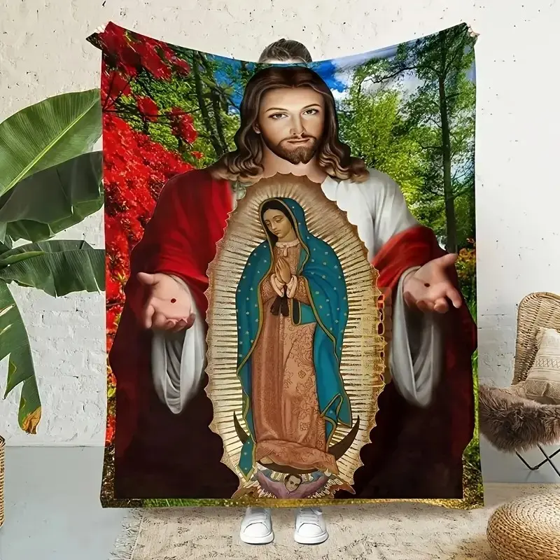 Country Inspirational Bible Flannel Blanket Jesus Christ and Virgin Mary Pattern Soft and Comfortable Blanket Religious Easter Gift Warm Decorative Blanket for Men and Women Baptism Gift For Newborns Meditation Sitting Rug Art Collectors