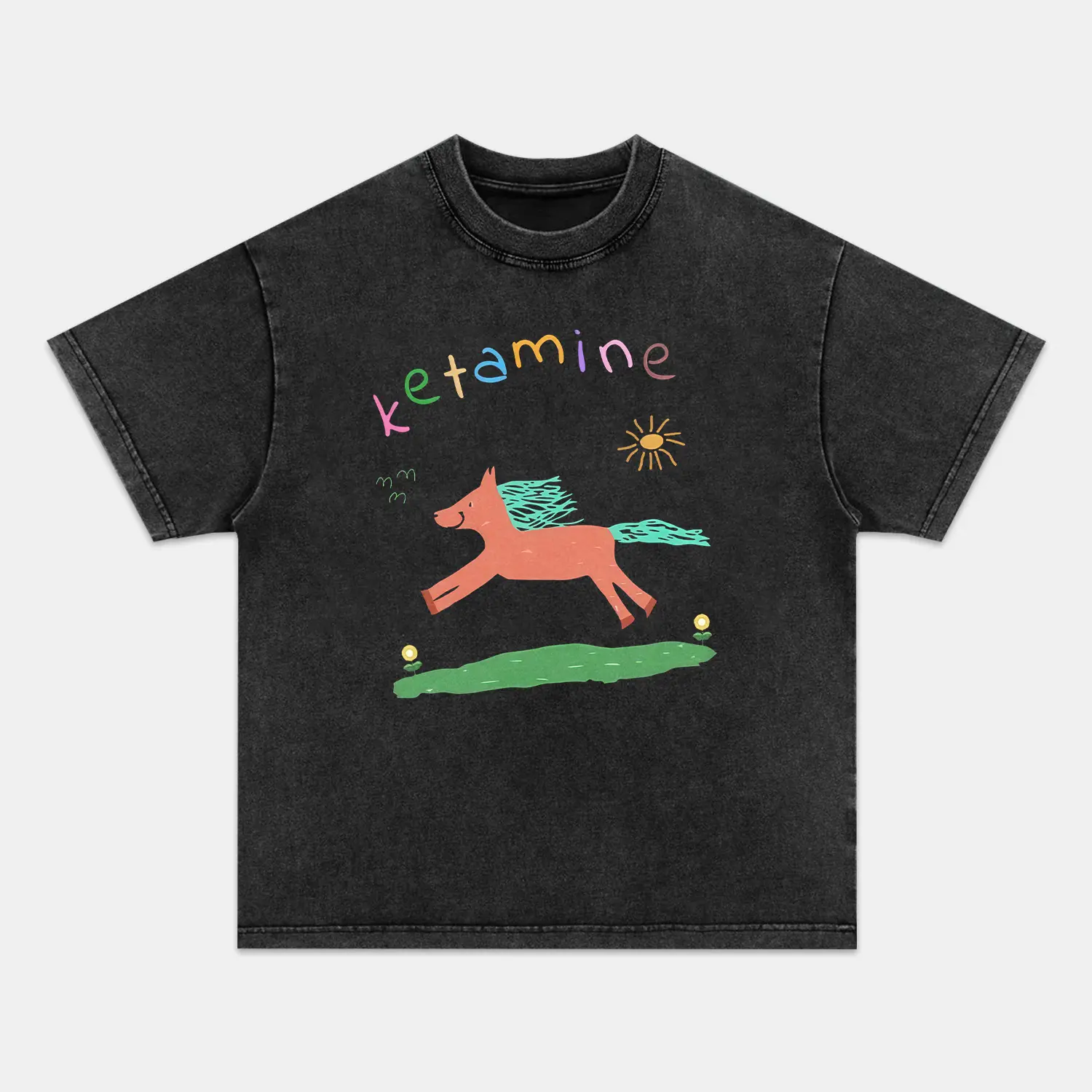 Men's Vintage Orange Pony Print T-shirt - Unisex Ribbed Crew Neck, Regular Fit Cotton, Shortleeve, Distressed, Breathable Casual Menswear Top for Streetwear 101402