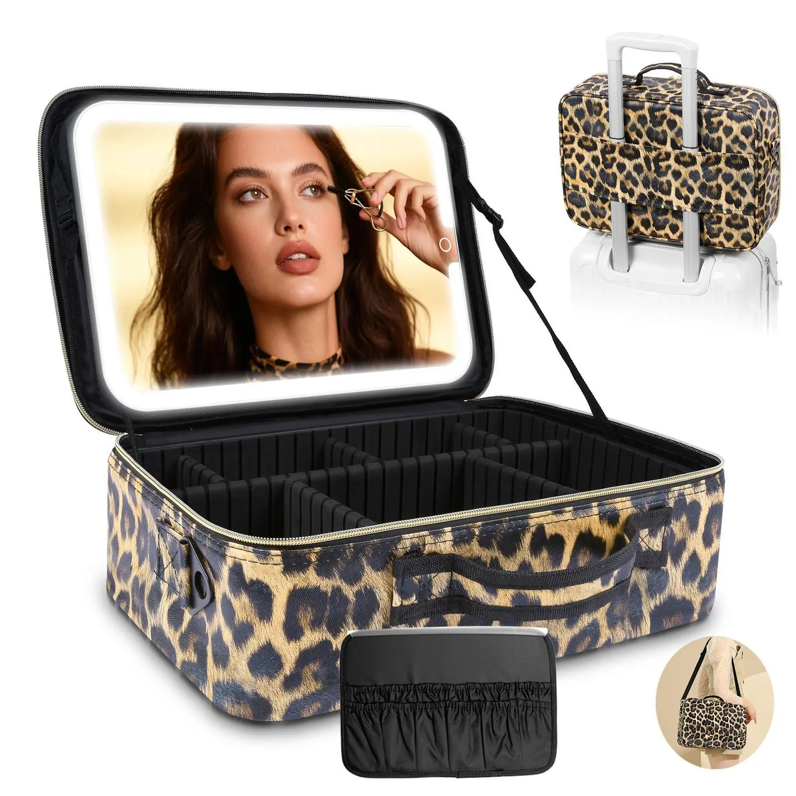 【Large Size】Portable Viral Plus Size Travel Makeup Bag with LED Mirror . Waterproof Cosmetic Train Case with Three-color Light ，Adjustable Dividers， Professional Cosmetic Artist Organizer. Perfect Gift for Her，Mother&Family.  Travel Essential summerwins
