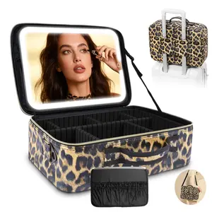 Portable Viral Plus Size Travel Makeup Bag with Lighted Mirror  Waterproof Cosmetic Train Case with Three-color Light Adjustable Dividers Must-Have Organizer for Makeup Lovers Perfect Gift for Her，Mother's Day Gift,Travel Essential