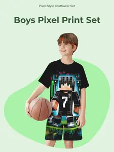 Boys' Pixel Style Player 3D Printed Cyberpunk Design Two-Piece Set, Casual Slim-Fitting Sports Leisure, Random Pattern, Outfit