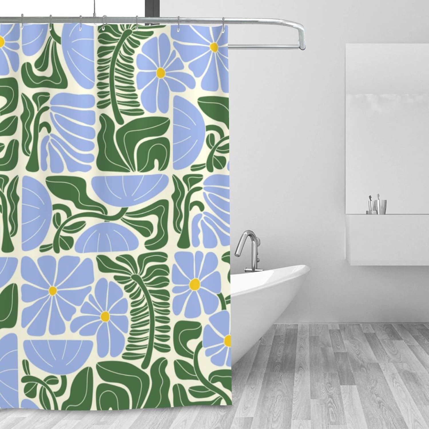 Mid Century Modern Abstract Geometric Boho Shower Curtain - Cute Blue and Green Floral Design,  Bath Curtain, Fabric Shower Curtain